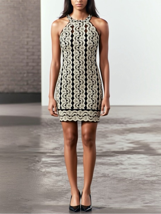 Joseph Ribkoff Dresses & Skirts - Joseph Ribkoff Black Gold Sparkle Lace Halter Bodycon Dress Size 12 Mini Vintage